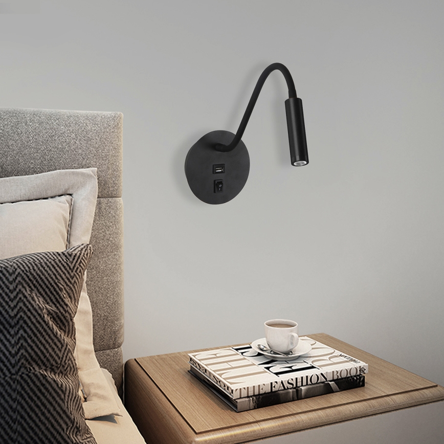 Brilagi - LED Fleksibilna stenska svetilka z USB priključkom MAYA LED/3W/230V 4000K črna