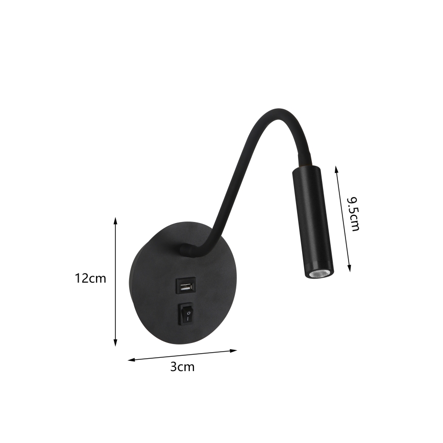 Brilagi - LED Fleksibilna stenska svetilka z USB priključkom MAYA LED/3W/230V 4000K črna