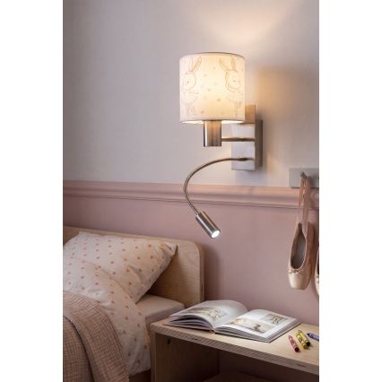 Brilagi - LED otroška prilagodljiva stenska svetilka BOBO 1xE27/25W/230V + LED/3W matni krom/bela/zajčki