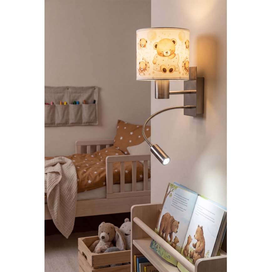 Brilagi - LED otroška prilagodljiva stenska svetilka BOBO 1xE27/25W/230V + LED/3W matni krom/bela/medvedki