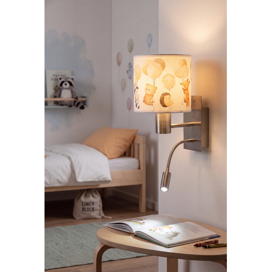 Brilagi - LED otroška fleksibilna stenska svetilka BOBO 1xE27/25W/230V + LED/3W matni krom/bela/z živalskim motivom
