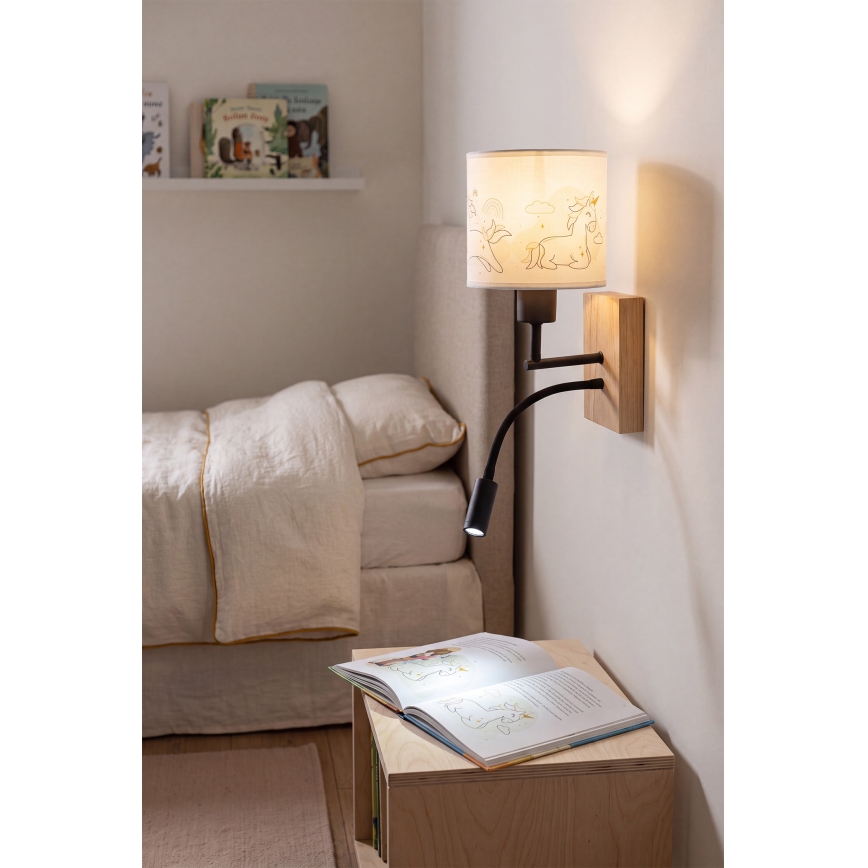 Brilagi - LED otroška prilagodljiva stenska svetilka BOBO WOOD 1xE27/25W/230V + LED/3W hrast/črna/bela/enorogi