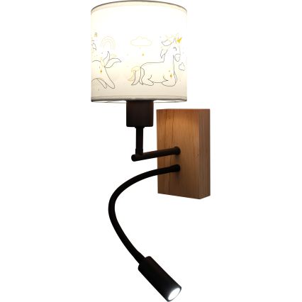 Brilagi - LED otroška prilagodljiva stenska svetilka BOBO WOOD 1xE27/25W/230V + LED/3W hrast/črna/bela/enorogi