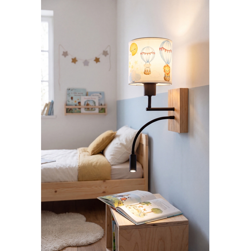 Brilagi - LED Otroška prilagodljiva stenska svetilka BOBO WOOD 1xE27/25W/230V + LED/3W hrast/črna/bela/živalski motivi