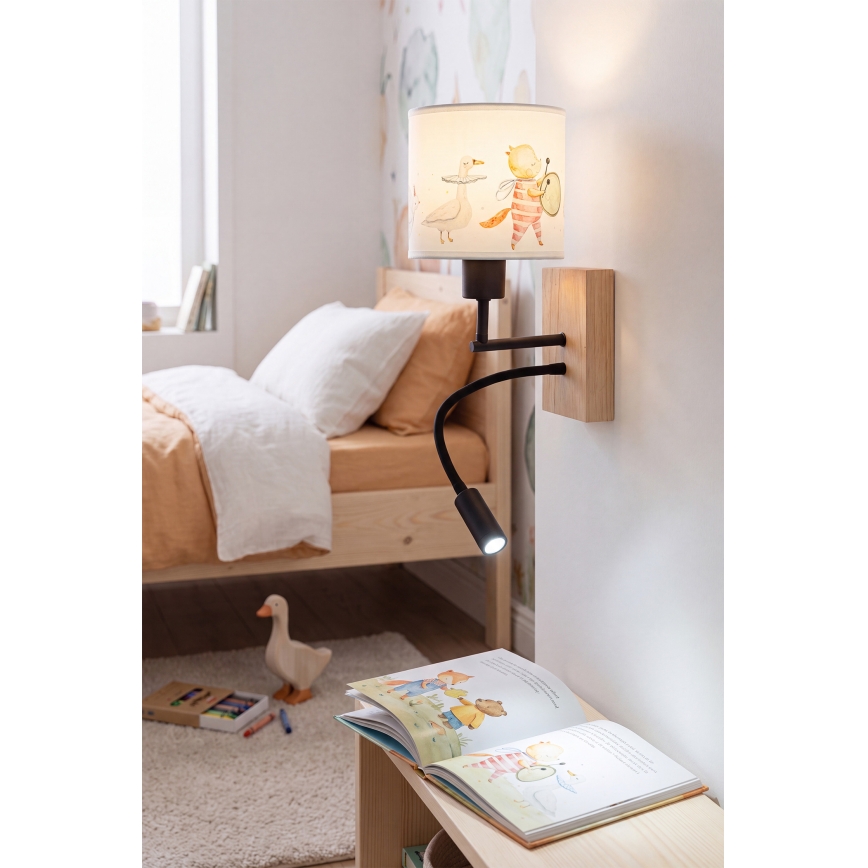 Brilagi - LED otroška prilagodljiva stenska svetilka BOBO WOOD 1xE27/25W/230V + LED/3W hrast/črna/bela/živalski motiv