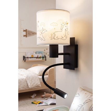 Brilagi - LED otroška prilagodljiva stenska svetilka BOBO 1xE27/25W/230V + LED/3W črna/bela/s potiskom enorogov