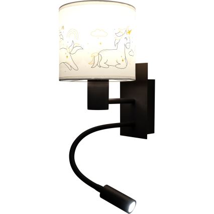 Brilagi - LED otroška prilagodljiva stenska svetilka BOBO 1xE27/25W/230V + LED/3W črna/bela/s potiskom enorogov