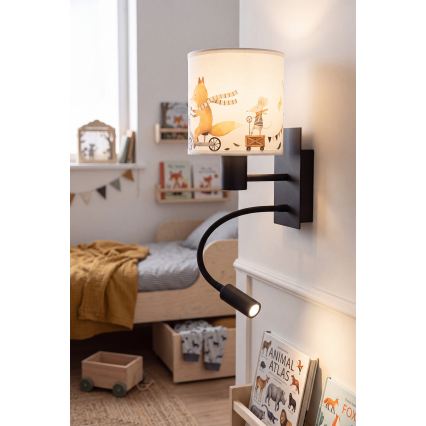 Brilagi - LED otroška fleksibilna stenska svetilka BOBO 1xE27/25W/230V + LED/3W črna/bela/z živalskimi motivi