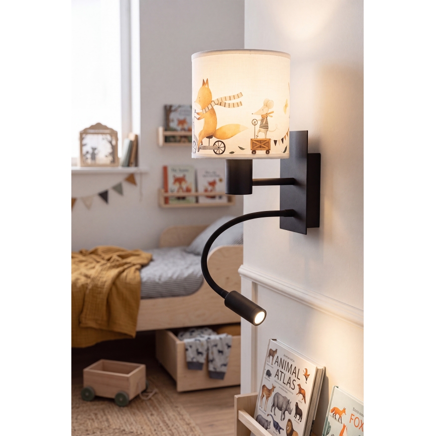 Brilagi - LED otroška fleksibilna stenska svetilka BOBO 1xE27/25W/230V + LED/3W črna/bela/z živalskimi motivi