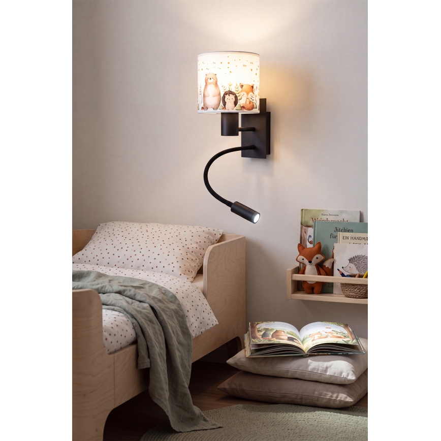 Brilagi - LED Otroška prilagodljiva stenska svetilka BOBO 1xE27/25W/230V + LED/3W črna/bela/s potiskom živali
