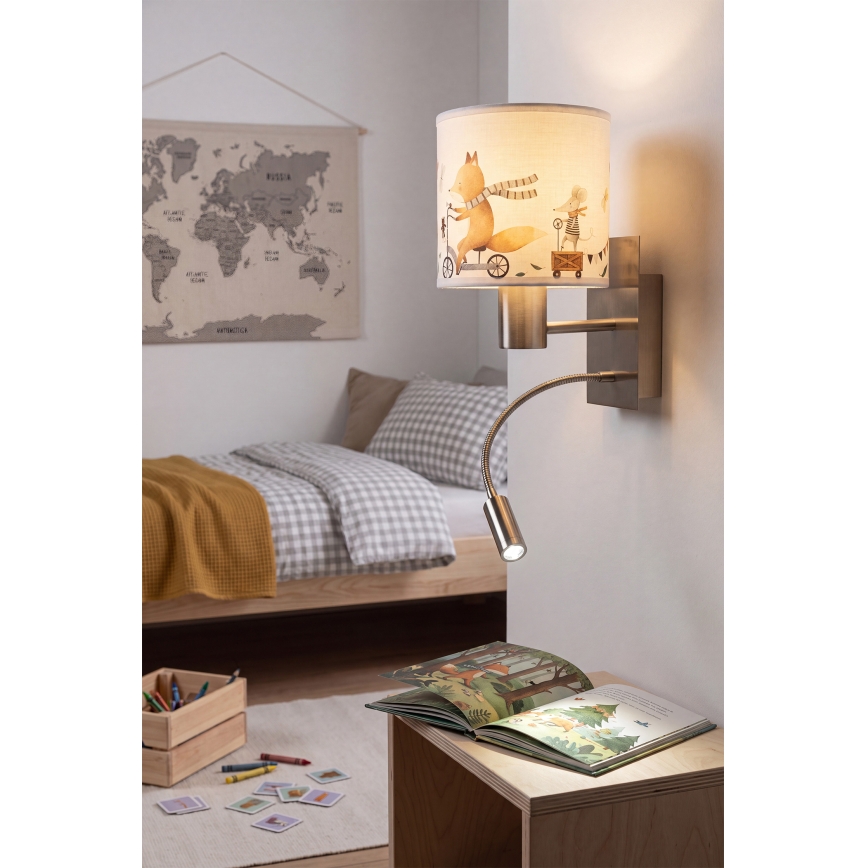 Brilagi - LED otroška prilagodljiva stenska svetilka BOBO 1xE27/25W/230V + LED/3W matni krom/bela/živalski motivi