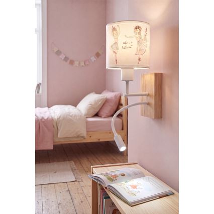 Brilagi - LED otroška prilagodljiva stenska svetilka BOBO WOOD 1xE27/25W/230V + LED/3W hrast/bela/rožnata/baletke