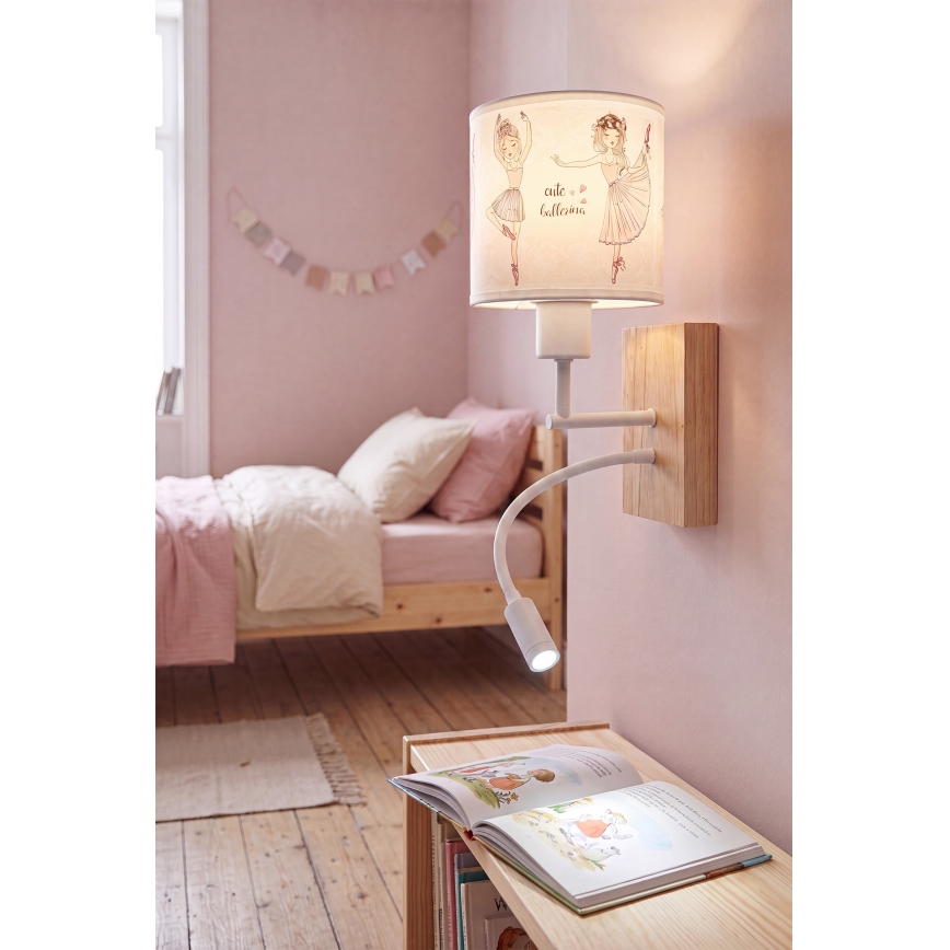 Brilagi - LED otroška prilagodljiva stenska svetilka BOBO WOOD 1xE27/25W/230V + LED/3W hrast/bela/rožnata/baletke