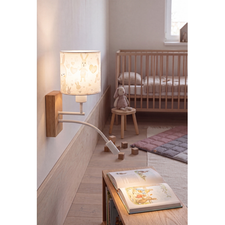 Brilagi - LED Otroška fleksibilna stenska svetilka BOBO WOOD 1xE27/25W/230V + LED/3W hrast/bela/zajčki