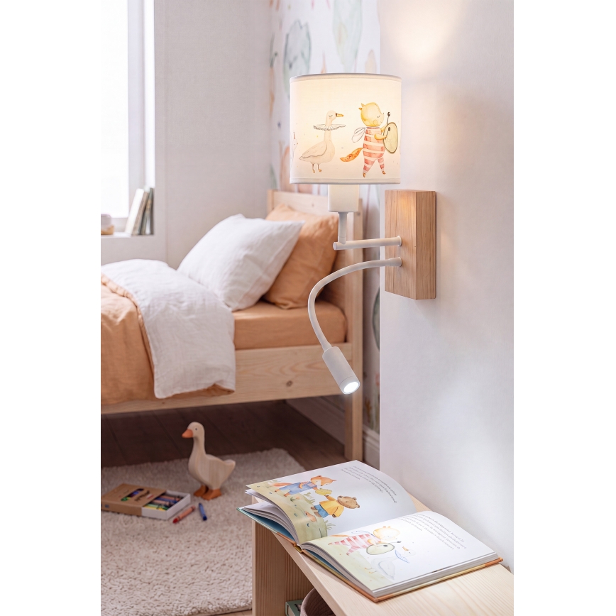 Brilagi - LED Otroška prilagodljiva stenska svetilka BOBO WOOD 1xE27/25W/230V + LED/3W hrast/bela/živalski motivi