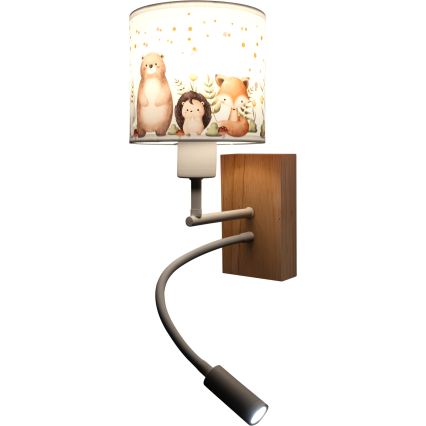 Brilagi - LED otroška prilagodljiva stenska svetilka BOBO WOOD 1xE27/25W/230V + LED/3W hrast/bela/živalski motivi