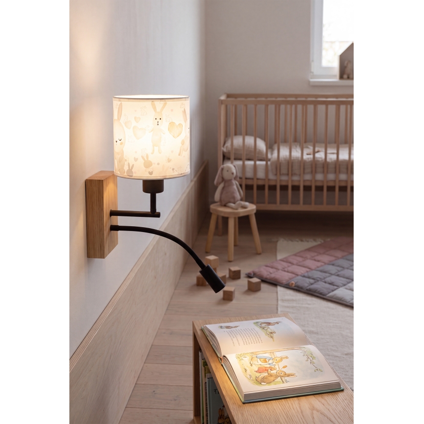 Brilagi - LED Otroška prilagodljiva stenska svetilka BOBO WOOD 1xE27/25W/230V + LED/3W hrast/črna/bela/zajčki