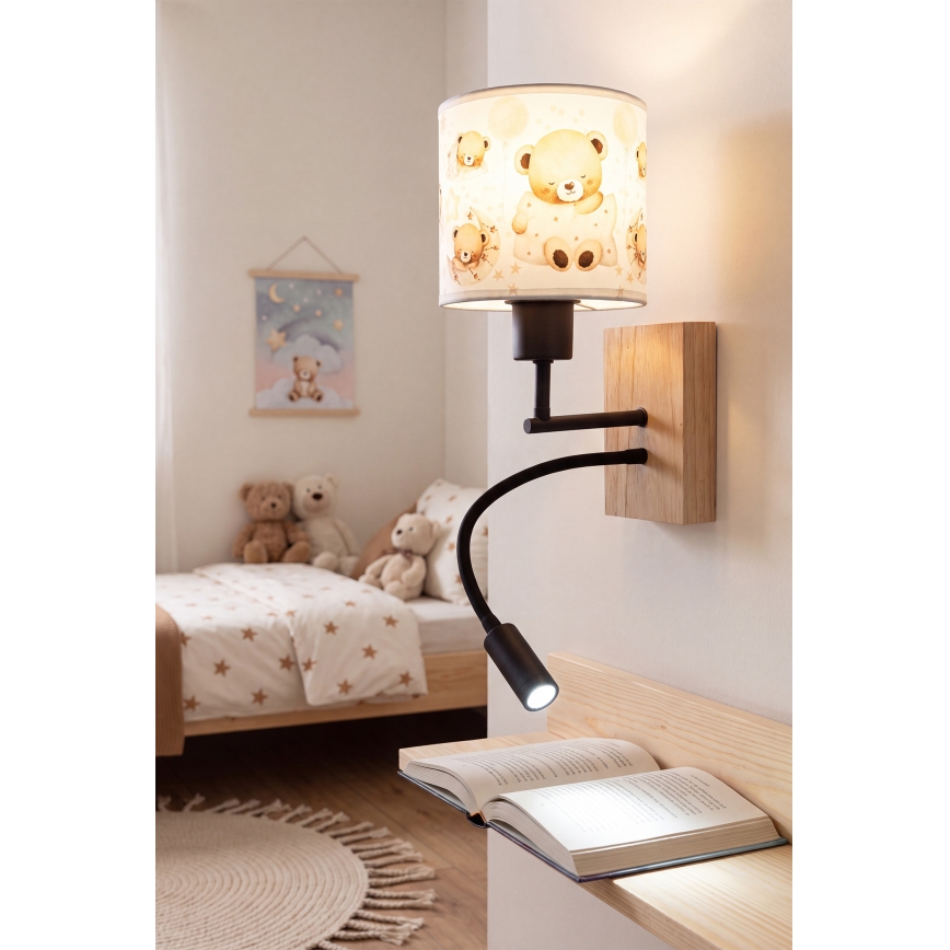 Brilagi - LED otroška prilagodljiva stenska svetilka BOBO WOOD 1xE27/25W/230V + LED/3W hrast/črna/bela/medvedki