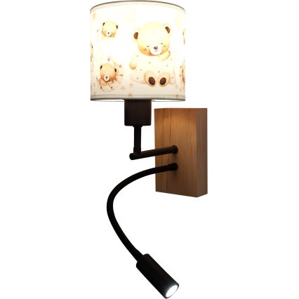 Brilagi - LED otroška prilagodljiva stenska svetilka BOBO WOOD 1xE27/25W/230V + LED/3W hrast/črna/bela/medvedki