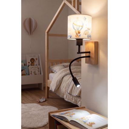 Brilagi - LED otroška prilagodljiva stenska svetilka BOBO WOOD 1xE27/25W/230V + LED/3W hrast/črna/bela/modra/medvedki