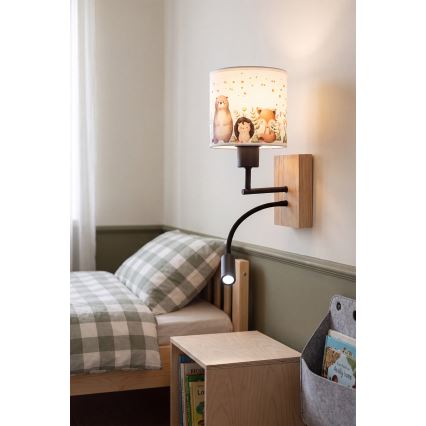 Brilagi - LED otroška prilagodljiva stenska svetilka BOBO WOOD 1xE27/25W/230V + LED/3W hrast/črna/bela/živalski motivi