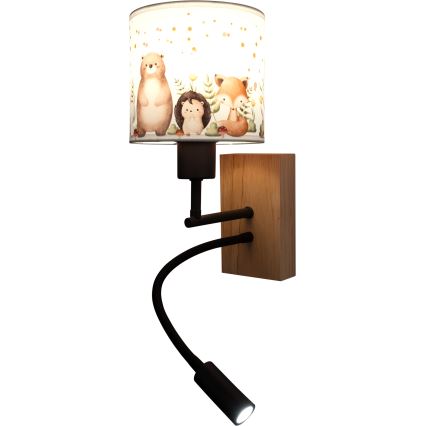 Brilagi - LED otroška prilagodljiva stenska svetilka BOBO WOOD 1xE27/25W/230V + LED/3W hrast/črna/bela/živalski motivi