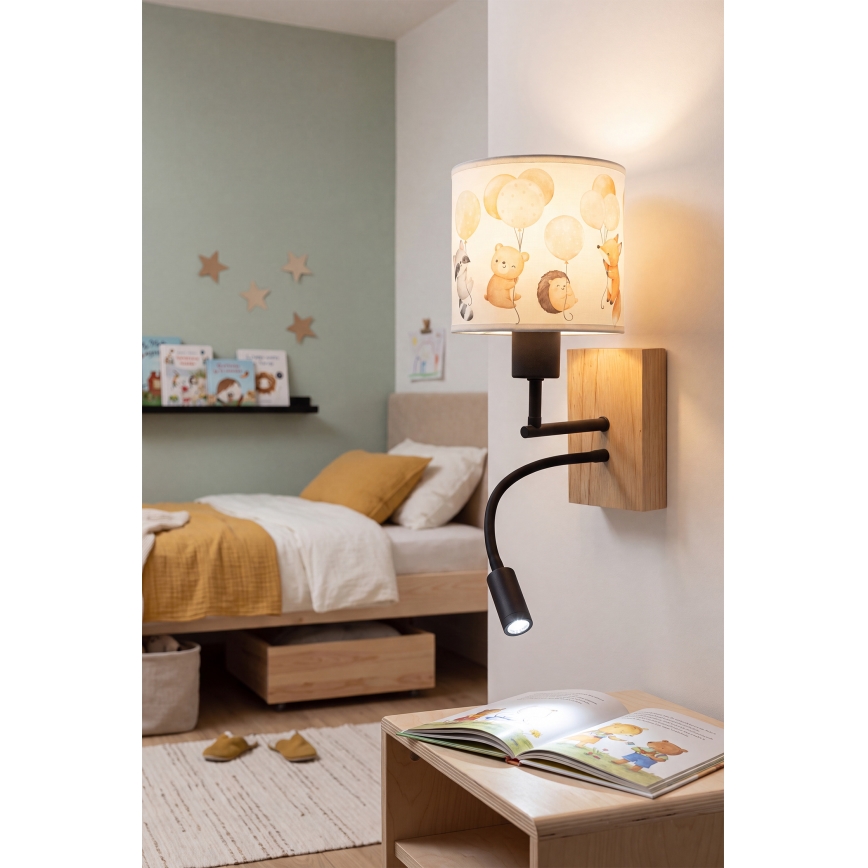 Brilagi - LED otroška upogljiva stenska svetilka BOBO WOOD 1xE27/25W/230V + LED/3W hrast/črna/bela/živali