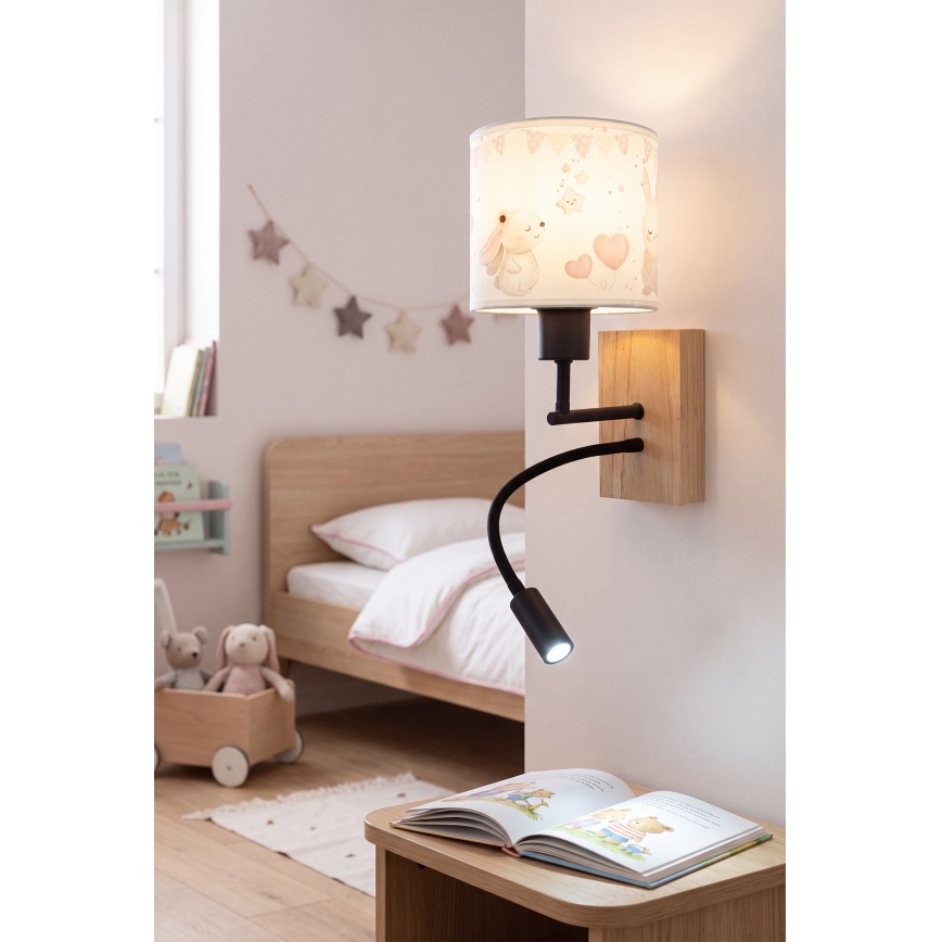 Brilagi - LED otroška prilagodljiva stenska svetilka BOBO WOOD 1xE27/25W/230V + LED/3W hrast/črna/kremna/zajčki