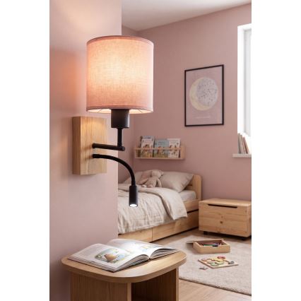 Brilagi - LED prilagodljiva stenska svetilka BOBO WOOD 1xE27/25W/230V + LED/3W hrast/črna/rožnata