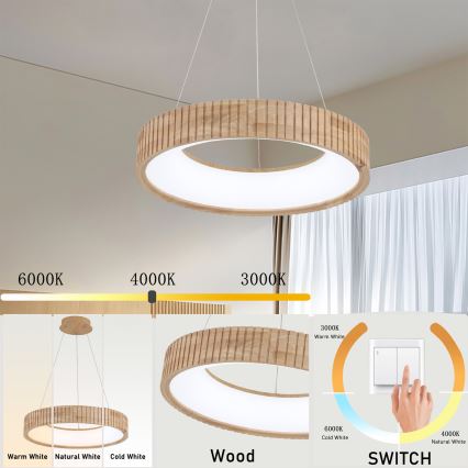 Brilagi - LED viseči lestenec na kablu FALCON WOOD MODERN LED/30W/230V 3000/4000/6000K premer 45 cm les