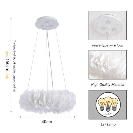 Brilagi - LED lestenec na kablu FEATHER 3xE27/40W/230V + 3xLED/3W, premer 40 cm, bela
