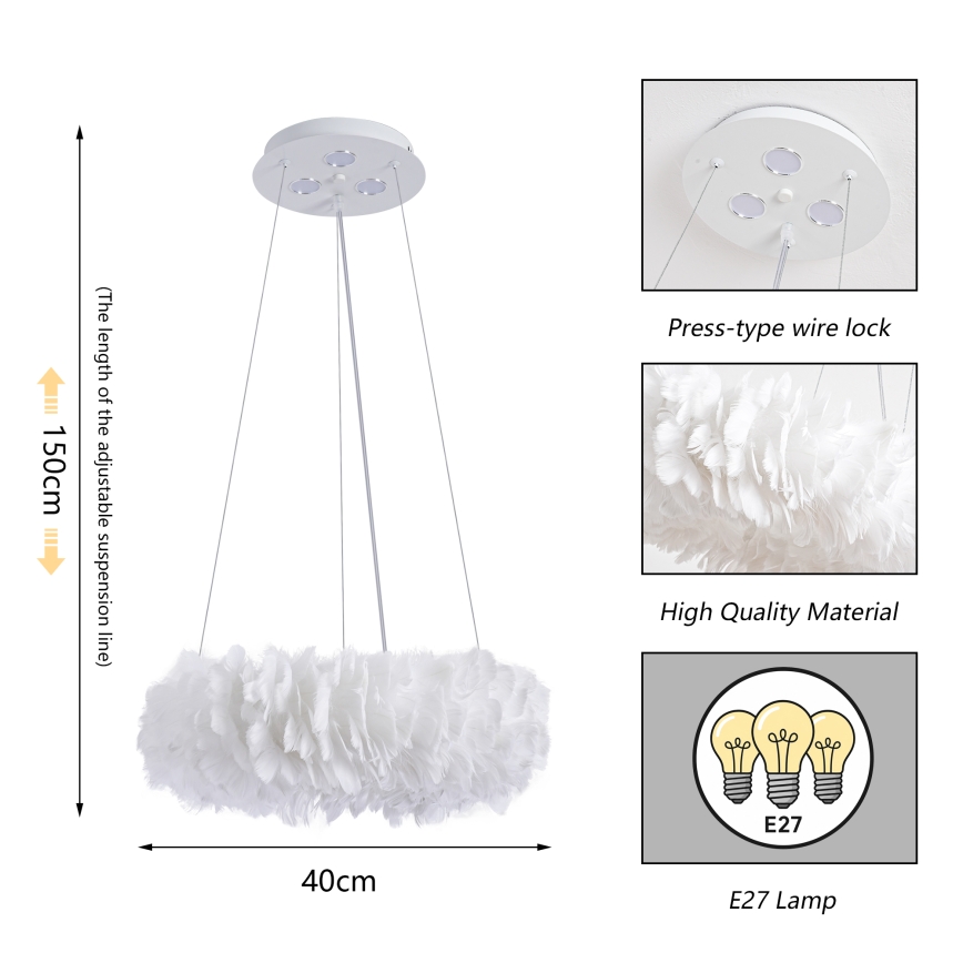 Brilagi - LED lestenec na kablu FEATHER 3xE27/40W/230V + 3xLED/3W, premer 40 cm, bela