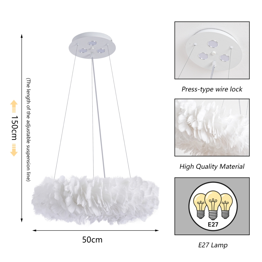 Brilagi - LED lestenec na kablu FEATHER, 3×E27/40 W/230 V + 3×LED/3 W, premer 50 cm, bela