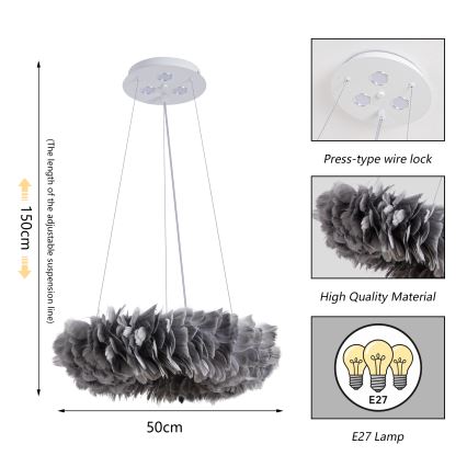 Brilagi - LED lestenec na vrvici FEATHER 3xE27/40W/230V + 3xLED/3W, premer 50 cm, siva
