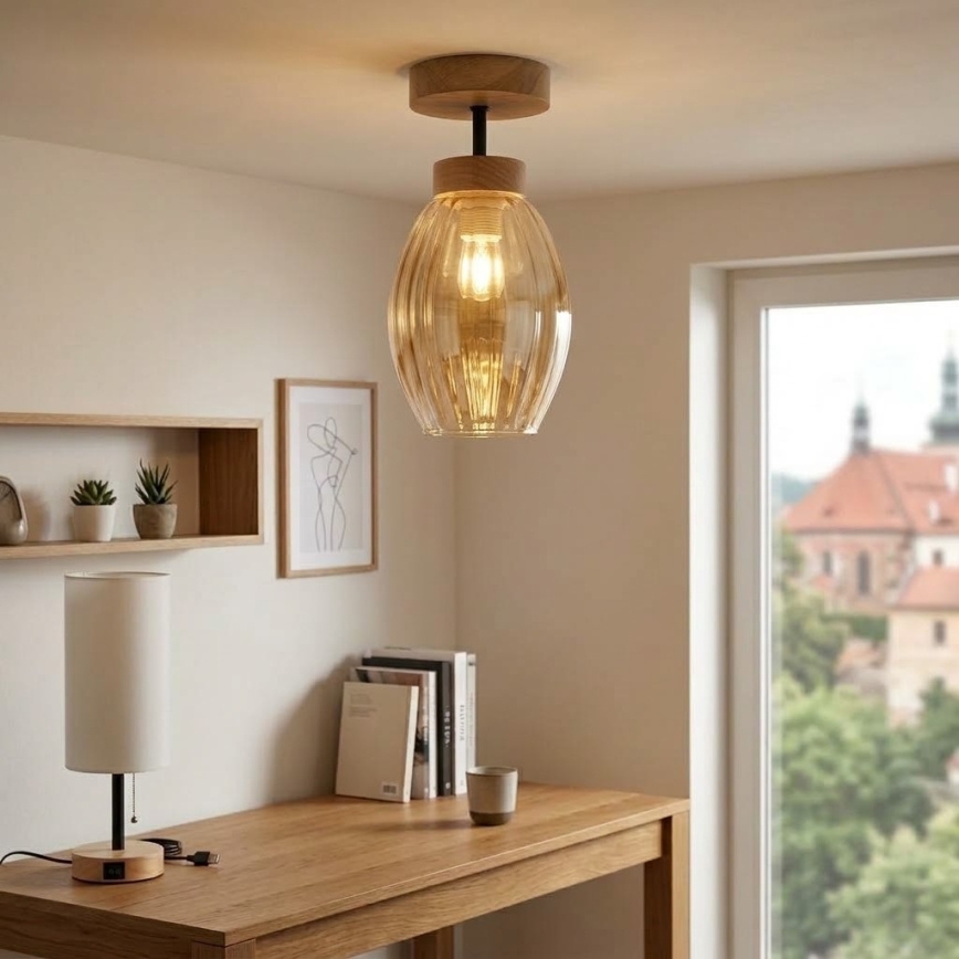 BRILAGI - LED pritrjen stropni lestenec RETRO GLASS 1xE27/60W/230V premer 17 cm hrast/dimno bež