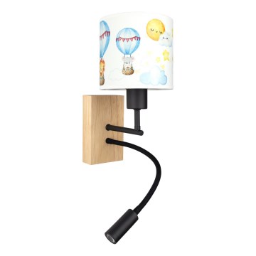 Brilagi - LED Otroška prilagodljiva stenska svetilka BOBO WOOD 1xE27/25W/230V + LED/3W hrast/črna/bela/živalski motivi