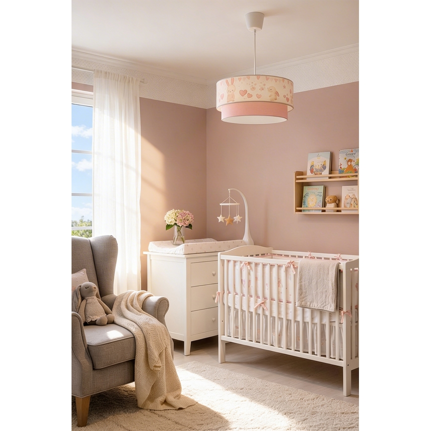 Brilagi - LED otroški luster na kablu BOBO 1xE27/60W/230V, premer 40 cm, kremna/rožnata/s motivom zajčkov