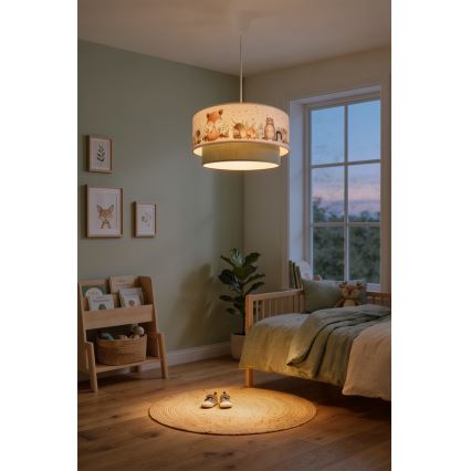 Brilagi - LED otroški lestenec na vrvici BOBO 1xE27/10W/230V Ø 40 cm bela/zelena/živalski motiv