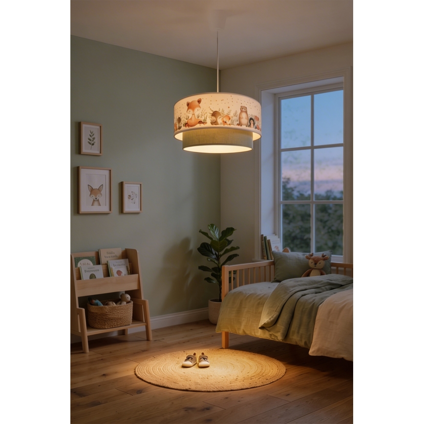 Brilagi - LED otroški lestenec na vrvici BOBO 1xE27/10W/230V Ø 40 cm bela/zelena/živalski motiv