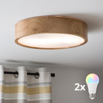 Brilagi - LED RGBW stropna svetilka CARVALHO z zatemnitvijo 2xE27/15W/230V 2700-6500K Wi-Fi hrast premer 37,5 cm
