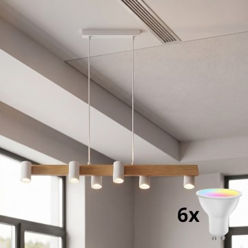 Brilagi - LED RGBW zatemljiv obesni lestenec na kablu SELE 6xGU10/6,5W/230V 2700-6500K bela/hrastov dekor + daljinski upravljalnik