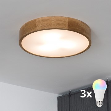 Brilagi - LED RGBW zatemnjevalno stropno svetilo CARVALHO 3xE27/9W/230V 2700-6500K Wi-Fi hrast, premer 47,5 cm