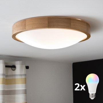 Brilagi - LED RGBW zatemnjiva stropna svetilka CARVALHO SLIM 2xE27/9W/230V 2700-6500K Wi-Fi hrast, premer 37 cm