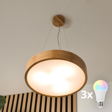 Brilagi - LED RGBW zatemnljiv viseči lestenec CARVALHO na jeklenem lanku 3xE27/9W/230V 2700-6500K Wi-Fi hrast, premer 47,5 cm