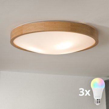 Brilagi - LED RGBW zatemnljivo stropno svetilo CARVALHO SLIM 3xE27/15W/230V 2700-6500K Wi-Fi hrast, premer 47 cm