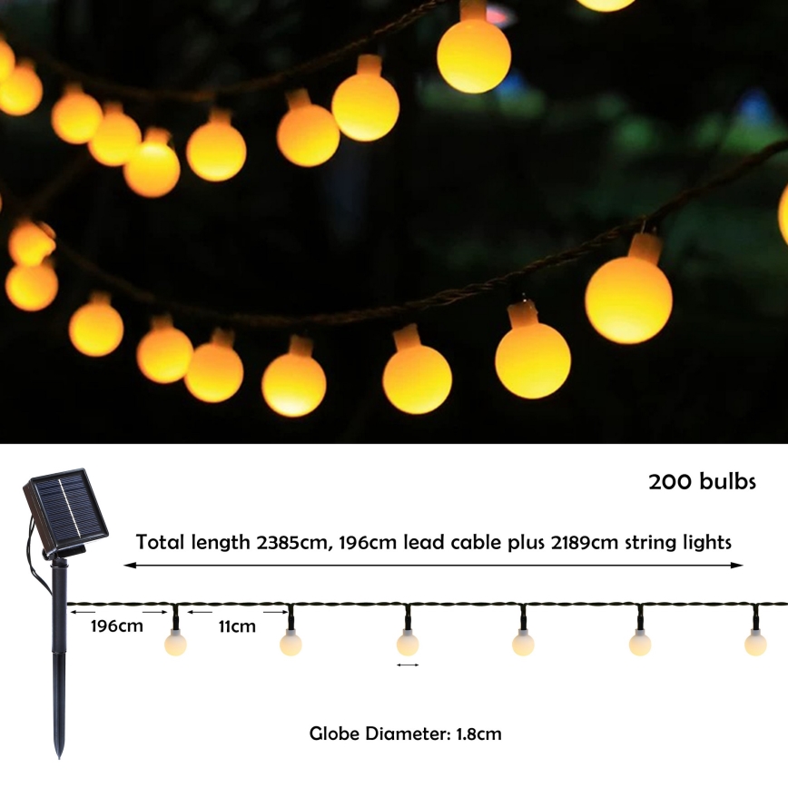 Brilagi - LED Solarni Dekorativna veriga BUBBLE 200xLED/8 funkcij 20m IP65 topla bela