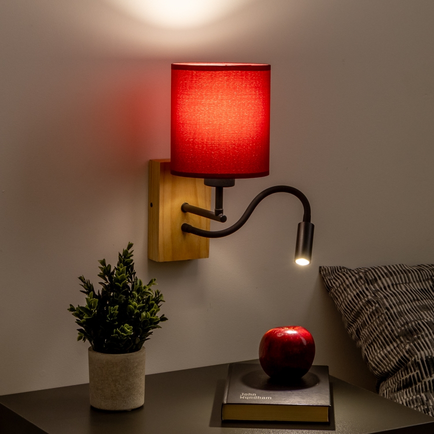 Brilagi - LED Fleksibilna stenska svetilka NUBILA WOOD 1xE27/25W/230V + LED/3W hrast/Pompejanec rdeča