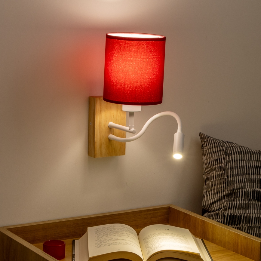 Brilagi - LED Fleksibilna stenska svetilka NUBILA WOOD 1xE27/25W/230V + LED/3W hrast/Pompejanec rdeča