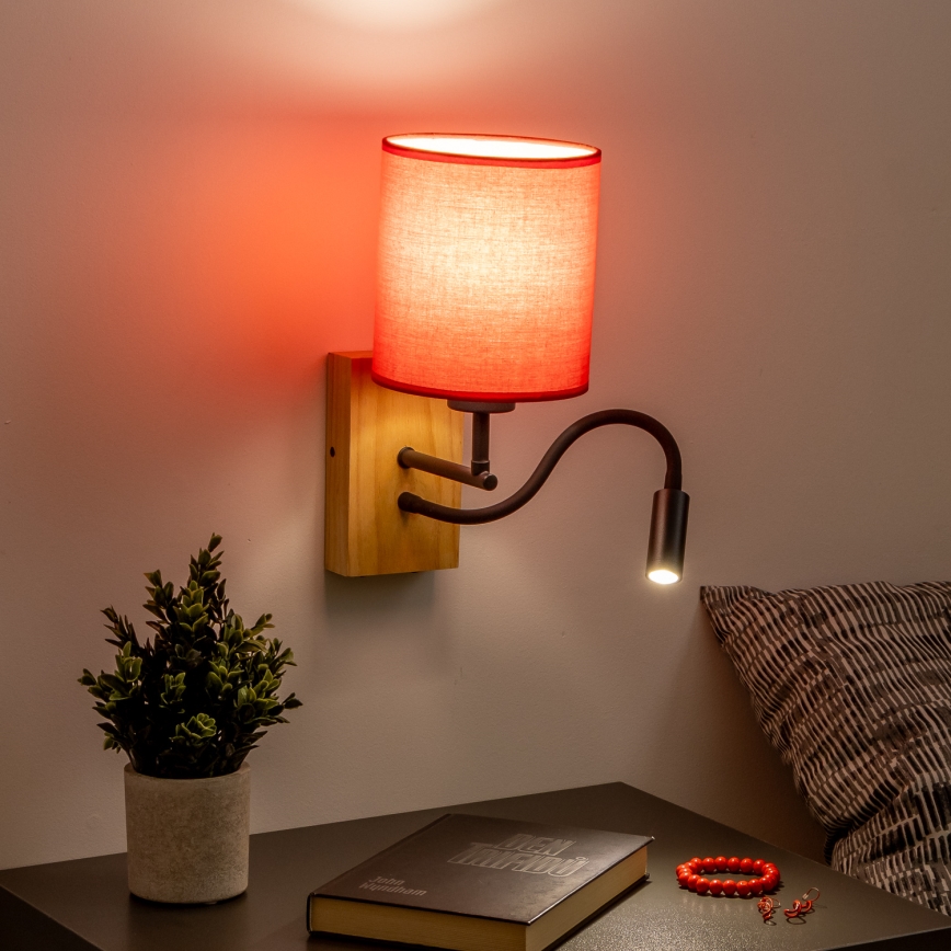 Brilagi - LED Fleksibilna stenska svetilka NUBILA WOOD 1xE27/25W/230V + LED/3W hrast/rdeča