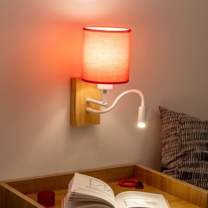 Brilagi - LED Fleksibilna stenska svetilka NUBILA WOOD 1xE27/25W/230V + LED/3W hrast/rdeča